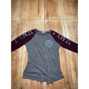 Victoria's Secret PINK Baseball Tee Gray Burgundy Sequin Sleeve‎ Logo Women's M